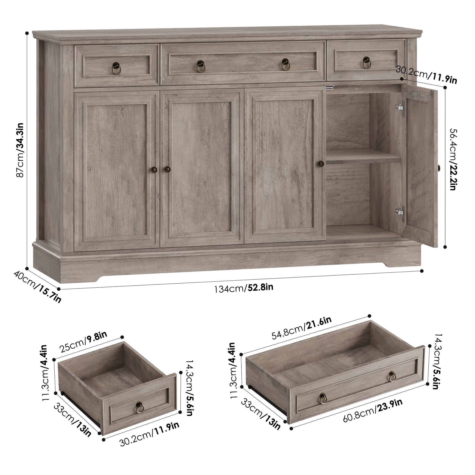 Dressoir – Opbergkast – Buffetkast – Ladekast – Woonkamerkast – Wit – 134x40x87 cm – Retro Design – 3 Lades en 4 Deuren - QUORE