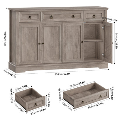 Dressoir – Opbergkast – Buffetkast – Ladekast – Woonkamerkast – Wit – 134x40x87 cm – Retro Design – 3 Lades en 4 Deuren - QUORE