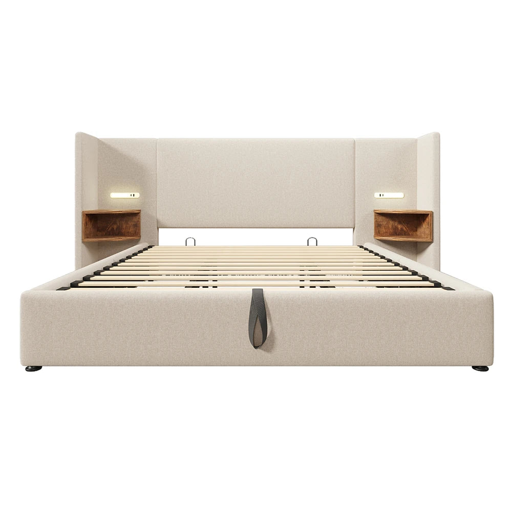 Bed – Slaapbed – Opbergbed – Linnengoedbed – Houten Bedframe – 160x200 cm – Inclusief Opklapbare Lattenbodem – Met USB-Oplaadpoort - QUORE