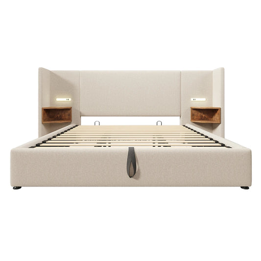 Bed – Stijlvol Slaapbed – Led Bedlamp – Opbergbed – Linnen Bed – 160x200 cm – Inclusief Nachtkastje en USB Oplaadfunctie - QUORE