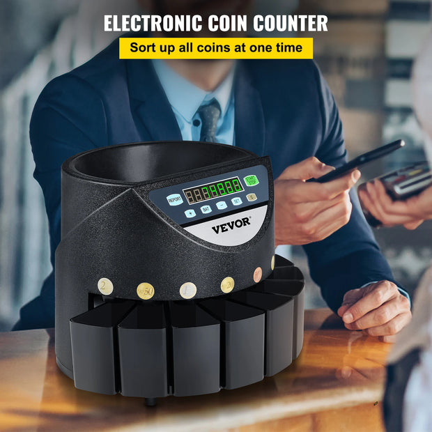 VEVOR Euro Munt Sorter en Teller - 300 Munten per Minuut - Professionele Elektrische Automatische Muntmachine met LED Display - Ideaal voor School, Winkel, Bank en Commercieel Gebruik - QUORE
