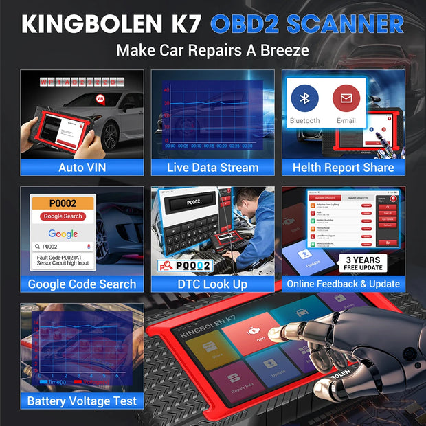 K7 - OBD2 Scanner - Diagnosecomputer - Storing Verwijderen - Volledige systeemdiagnose - Uitleesapparatuur Auto - Diagnose Auto - Autodiagnosetool - 28 Resetten - Globale Versie - Zwart