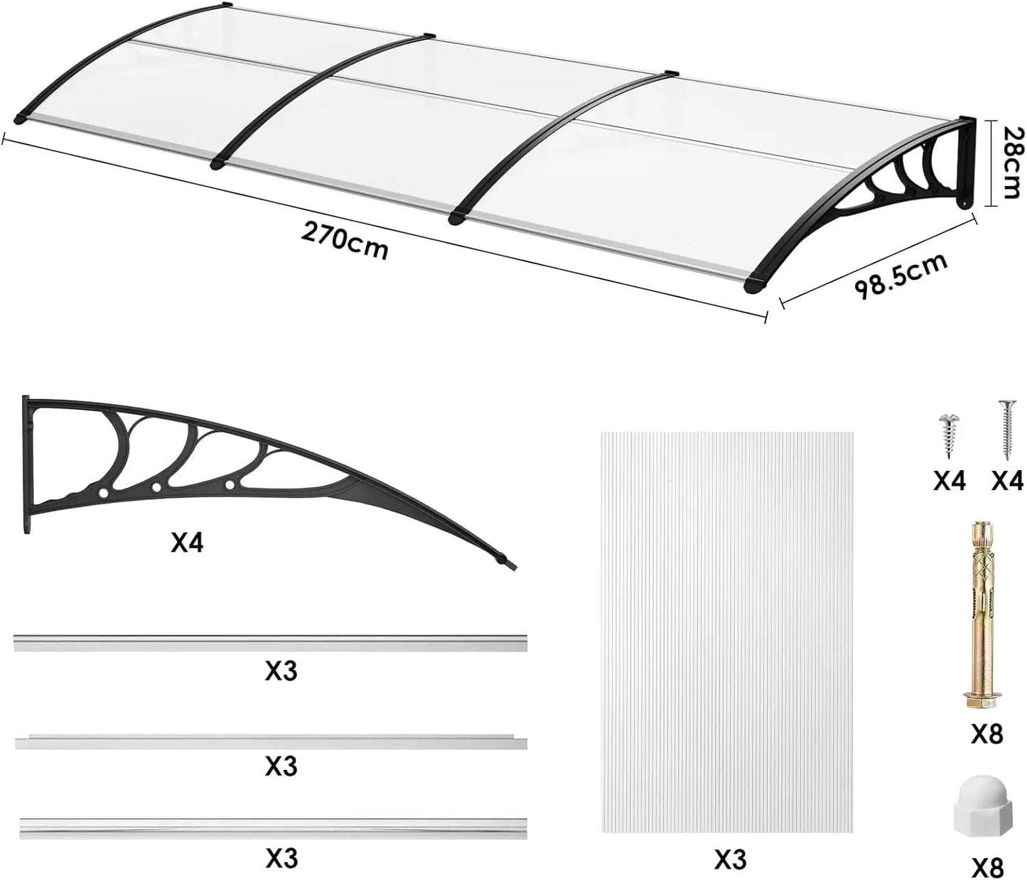 Deurluifel - Weerbestendige - Polycarbonaat Overkapping - Sterke ABS Beugels - Voor Deur - Raam - en Balkon - Efficiënte Waterafvoer - 270x98.5cm - Zwart