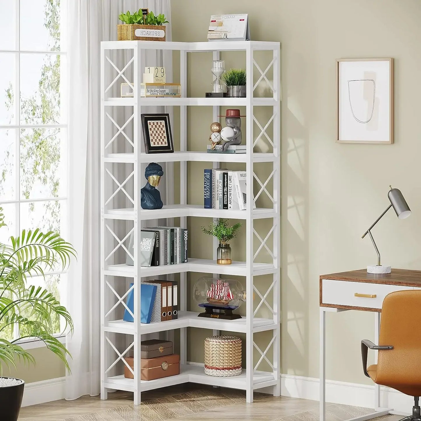 Hoekboekenkast – Hoekkast – Boekenkast – Opbergkast – L-vormig – 7 Planken – MDF Metalen Frame