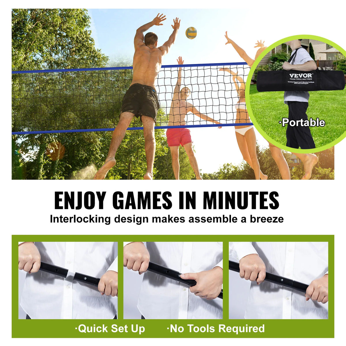 Volleybal - Volleybalnet - Net - Badmintonnet - Verstelbare Hoogte Stalen Palen - met PVC Volleybalpomp Draagtas - voor Achtertuin Strand Gazon - 1.5inch - QUORE