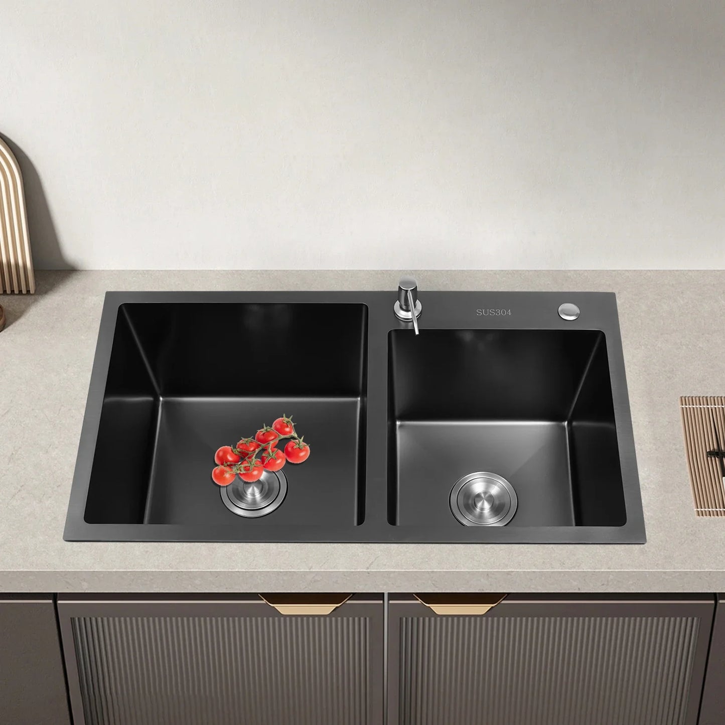 Dubbele Keukenspoelbak – Keukenspoelbak Zwart-Grijs – RVS Spoeltafel – Dubbele Spoelbak – Keukenwasbak – Groot Formaat – 304 Roestvrij Staal – Inclusief Zeepdispenser