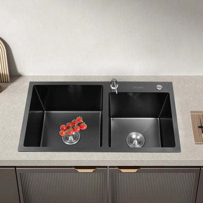 Dubbele Keukenspoelbak – Keukenspoelbak Zwart-Grijs – RVS Spoeltafel – Dubbele Spoelbak – Keukenwasbak – Groot Formaat – 304 Roestvrij Staal – Inclusief Zeepdispenser