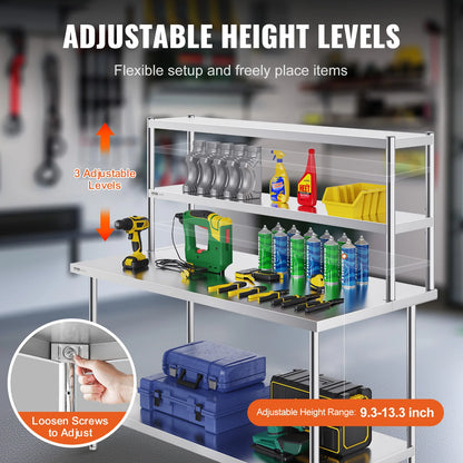 VEVOR Stainless Steel kitchen worktable Overshelf w/ Height Adjustable Overshelf Prep Work Table for Kitchen Restaurant Workshop