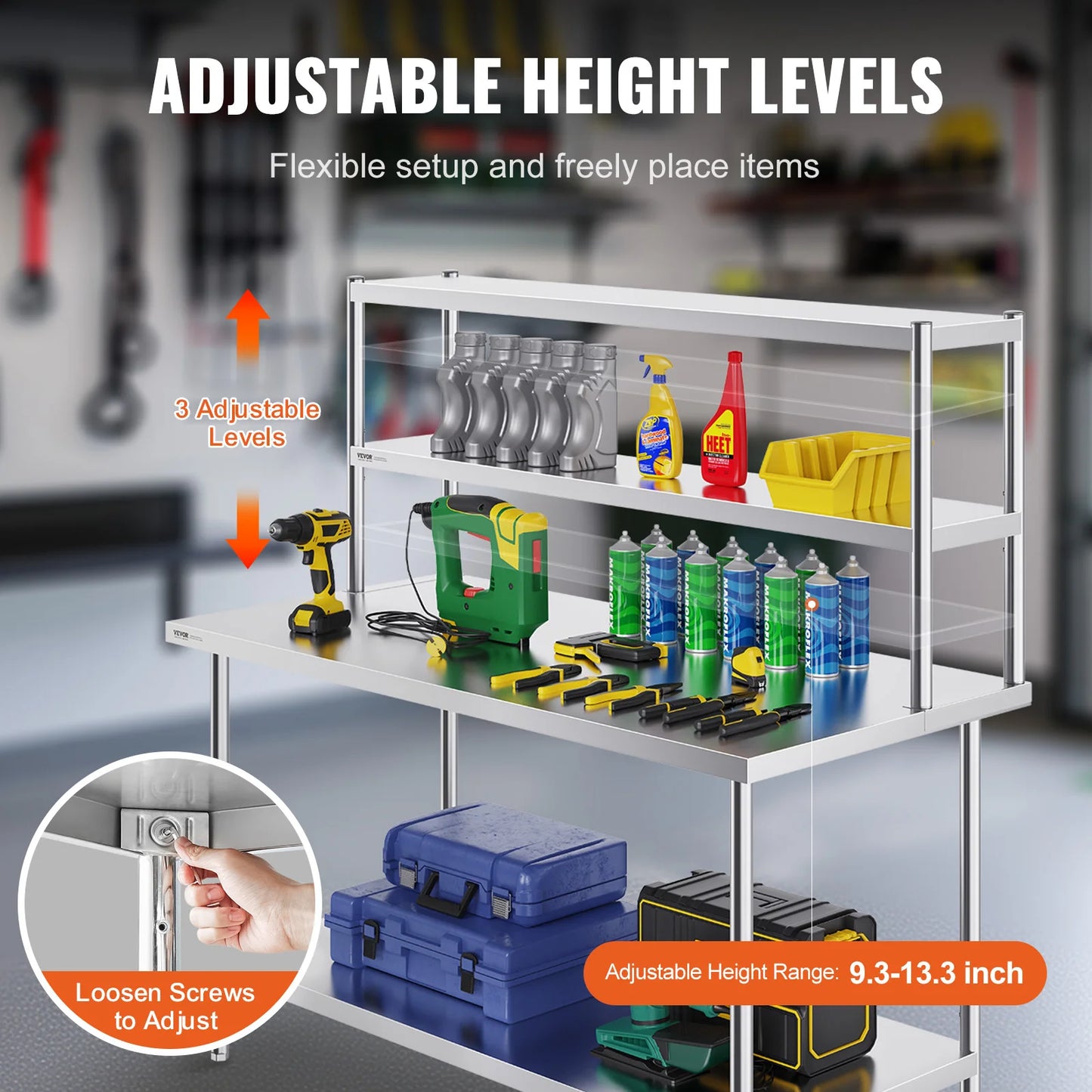 VEVOR Stainless Steel kitchen worktable Overshelf w/ Height Adjustable Overshelf Prep Work Table for Kitchen Restaurant Workshop