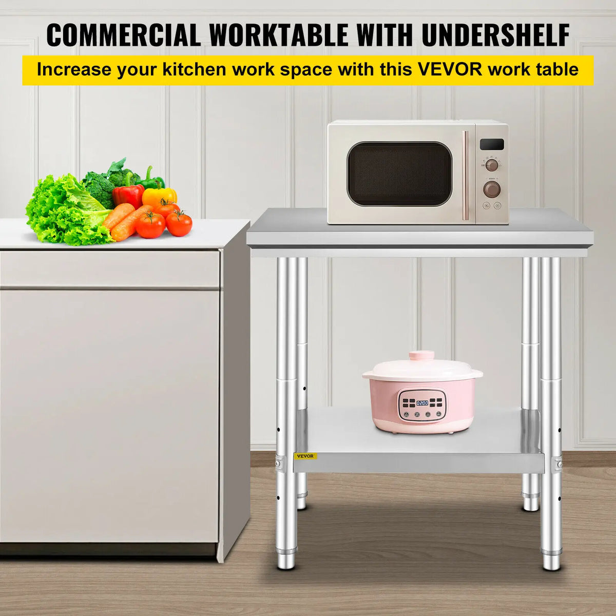 Keukenwerktafel - Kookeiland - Kookeiland - Tafel - Commerciële Horeca Tafel - 24x24x32 inch - 330LBS - met Onderblad Roestvrij Staal - QUORE