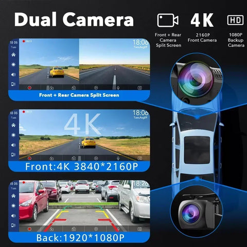 Dashcam voor Auto - 10.26” 4K Dashcam – CarPlay & Android Auto – 350° Rotatie – 6M AHD Achtercamera – Nachtzicht & Rijassistentie - Zwart
