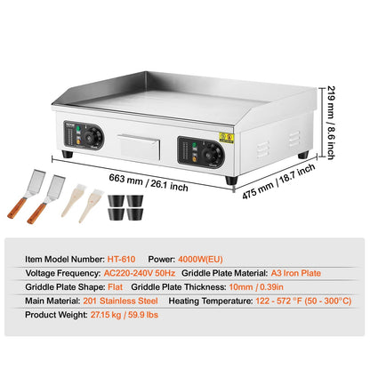 Bakplaat - Elektrische Bakplaat - Grill - Grill Apparaat - Grill Plaat - 26 inch - 4000W - Horeca Grillplaat voor Perfect Grillen