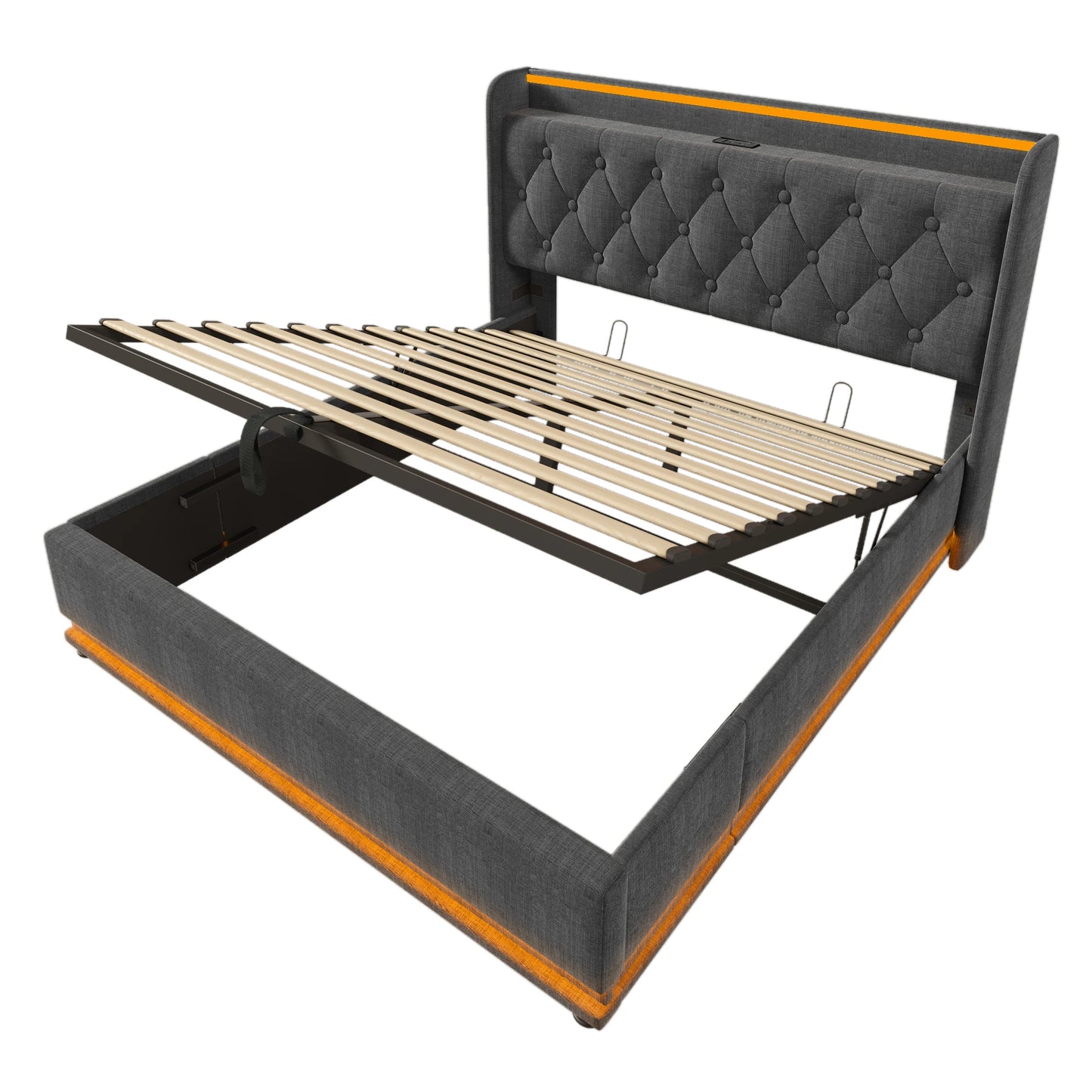 Opbergbed – Bed Met Opbergruimte – Slaapbank – Boxspring – Bedframe – Donkergrijs 160x200 cm – LED-Verlichting Met 360° Surround – USB Type-C Oplaadpoort