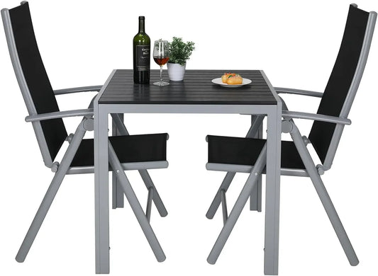 3-Delige Tuintafelset – Tuinmeubelset – Balkonset – Klapstoelset – Verstelbare Stoelen – Weerbestendig Aluminium - Zwart met Zilverkleurige Rand