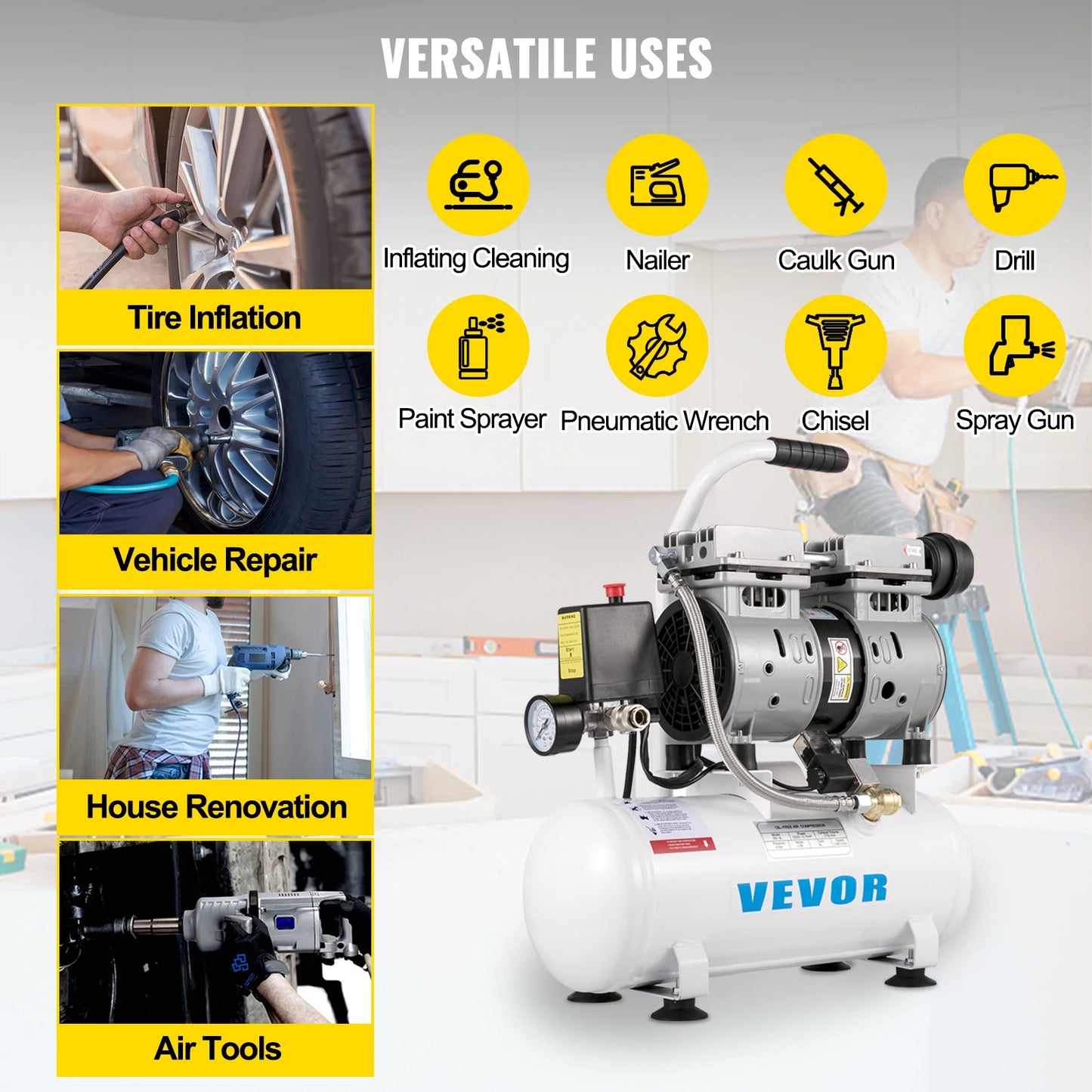 Luchtcompressor – Compressor – Bandenpomp – Elektrische Fietspomp – Mini Compressor – 50L Tankinhoud – Olievrij & Stil (58 dB)