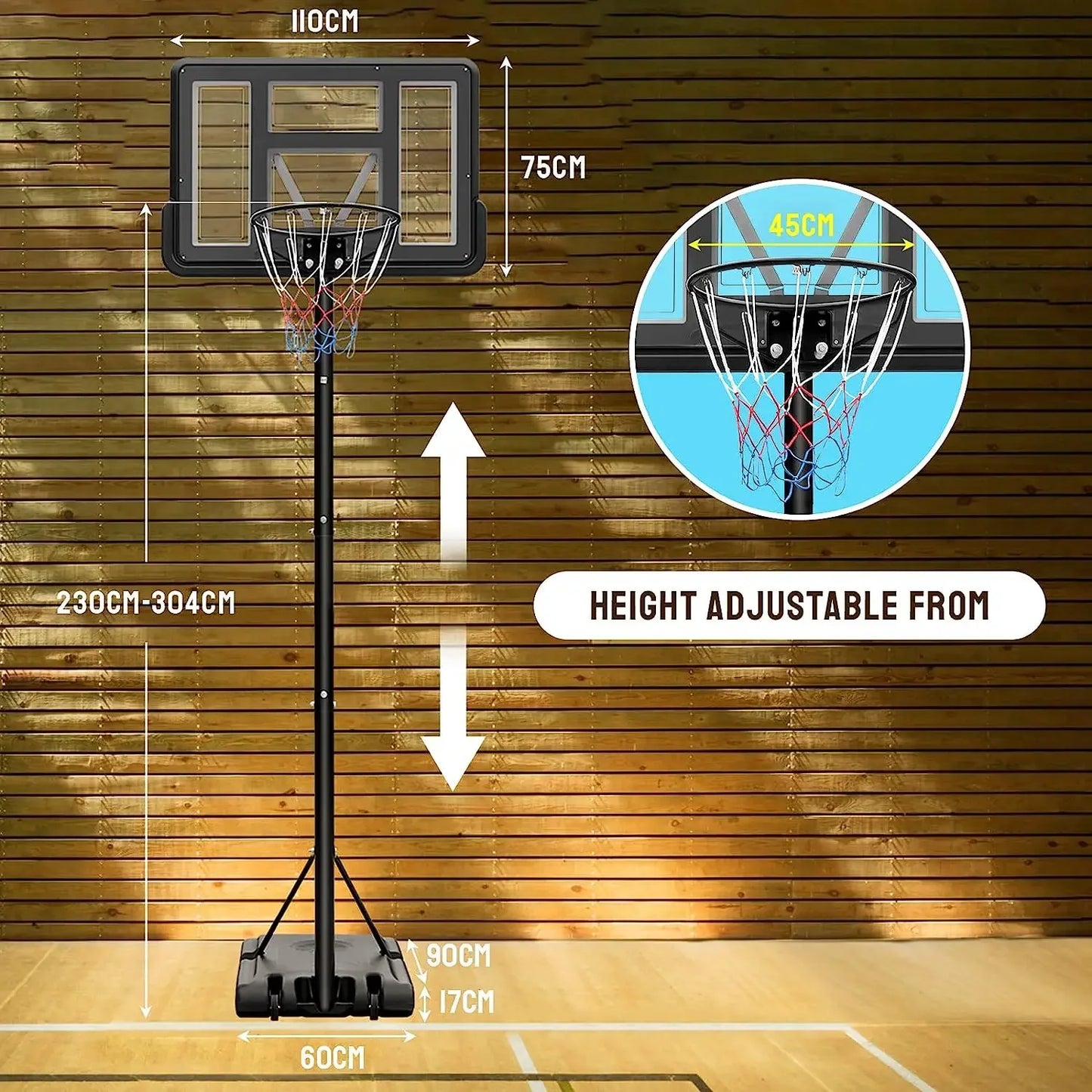 Mobiele Basketbalring – Verstelbare Basketbalring – Basketbalring Met Wielen – Basketbalhoepel – Basketbalstandaard – Verstelbare Hoogte 230-304 cm – Weerbestendig Stalen Frame - Wit - QUORE