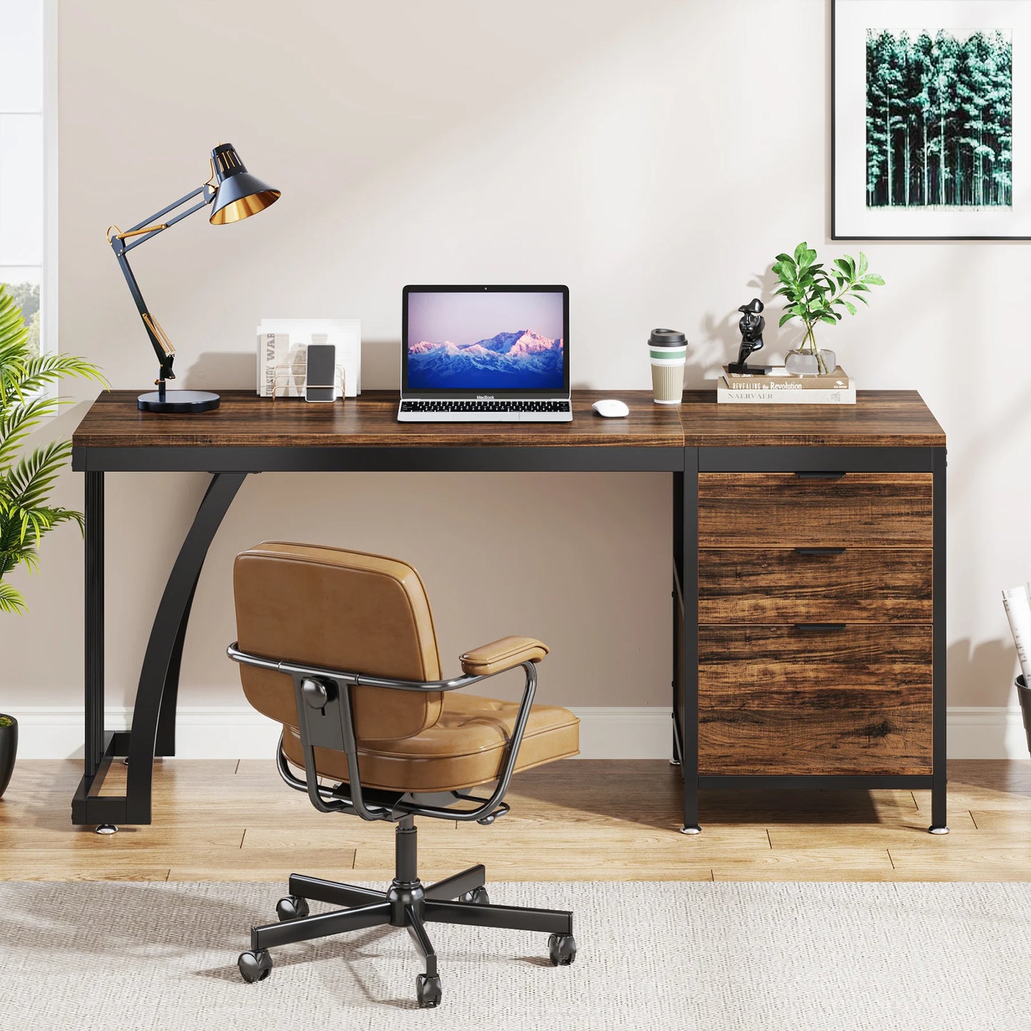 Bureau – Computerbureau – Werktafel – Studiebureau – Schrijftafel – Industriële Constructie – Verstelbare Laden - Rustiek Bruin - QUORE