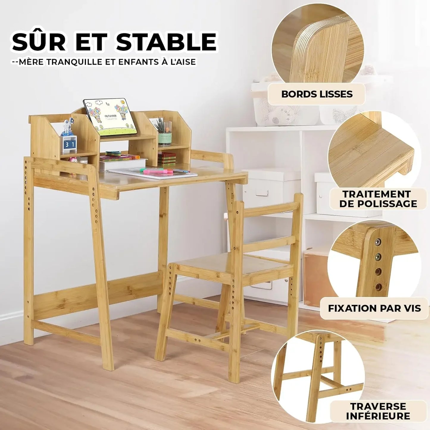Kinderbureau met Stoel – Verstelbare Kindertafel en Kinderbureaustoel – Met Opbergruimte – Bamboe – 95x80x50 cm – Geschikt voor Kinderen van 3 tot 10 Jaar