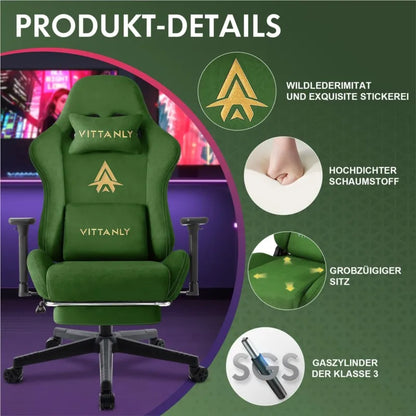 Ergonomische Bureaustoel – Gaming Stoel – Office Chair – Desk Chair – Computerstoel – Verstelbare Rugleuning – Ademend Suède Bekleding – Groene Kleur – Met Voetensteun - QUORE