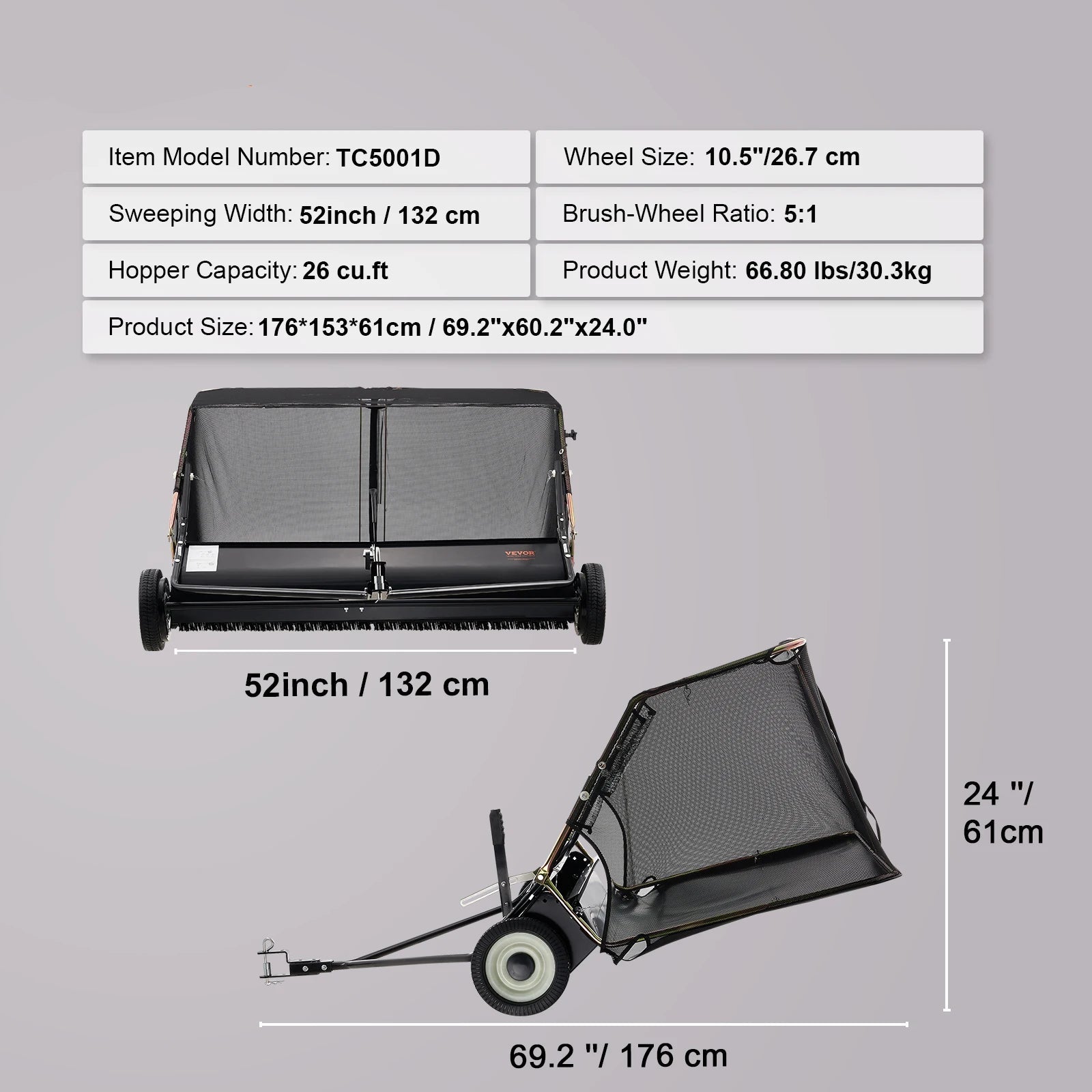 Veegwagen – Bladveger – Grasveger – Aanhanger – Tuinveger – Veegbreedte 132 Cm – Opvangzak 26 Kuubvoet - QUORE