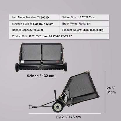 Veegwagen – Bladveger – Grasveger – Aanhanger – Tuinveger – Veegbreedte 132 Cm – Opvangzak 26 Kuubvoet - QUORE