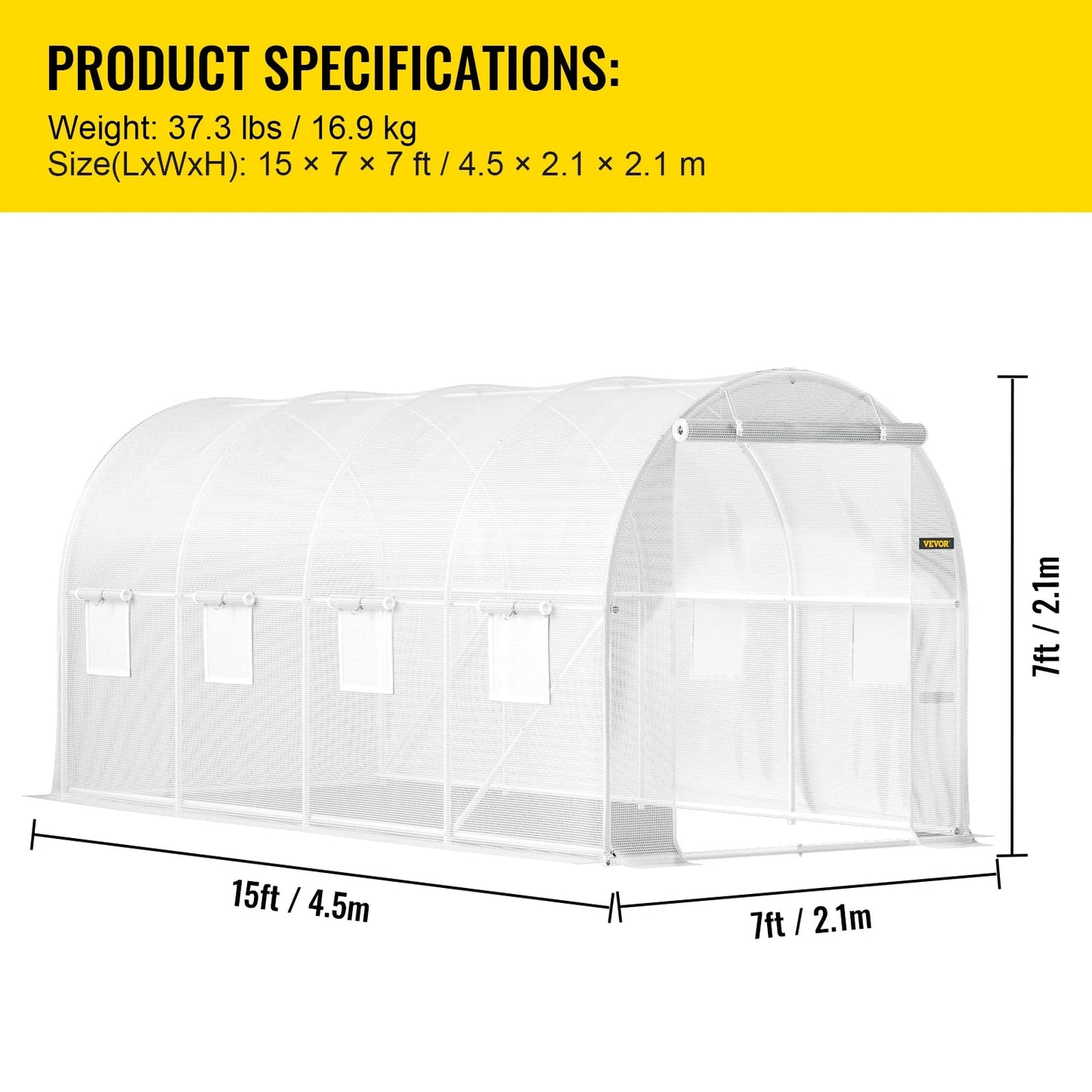 Tuinkas - Broeikas - Tunnelkas met PE Waterdichte Hoes - 15x7x7 ft - Gegalvaniseerd Staal - Wit - Draagbaar - Kas - Serre - Kweekkas - Foliekas - Groentekas - Tomatenkas - Voor Tuin en Plantbescherming