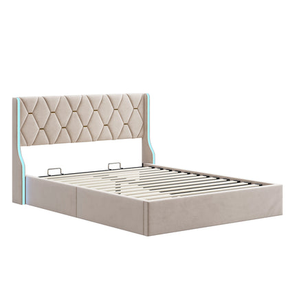 Comanlai 140x200cm/160x200cm Hydraulic Storage Bed,Upholstered Bed with Headboard,Headboard with LED Lights,Double Bed,Flannel