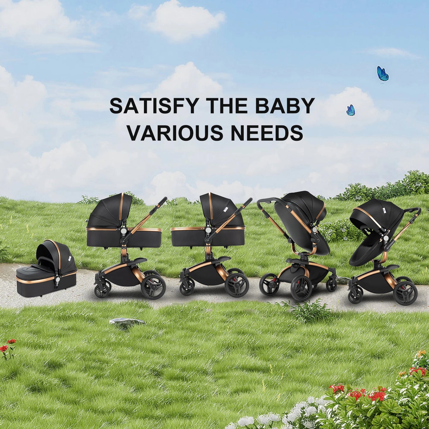 360° Baby Stroller 3 IN 1 Car Seat Stroller Combo Travel System Strollers High Landscape Leather Large Storage Stroller Infant