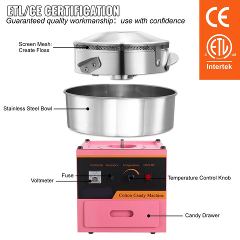 Cotton Candy Machine - Mini Cotton Candy - Commercial Floss Maker - Stainless Steel Bowl - Sugar Scoop &amp; Tray for Birthday Parties - 500w - 110V - Pink