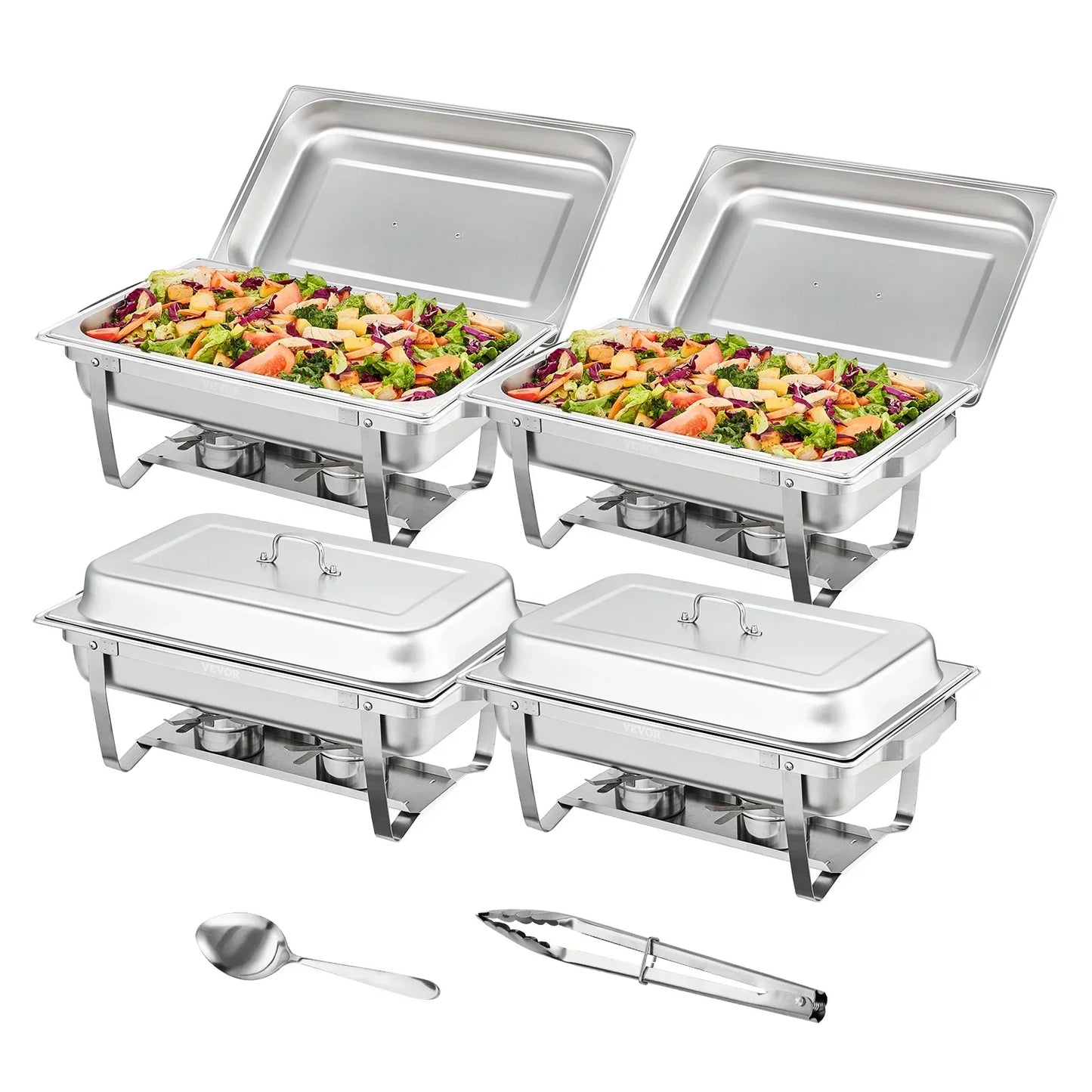 Chafing Dish - Warmhoudplaat - Buffetwarmer Set - Rechaud -  Rechthoekige RVS Warmhoudschalen - 4 Stuks - 8QT - met Opvouwbaar Onderstel en Brandstofhouders - Zilver