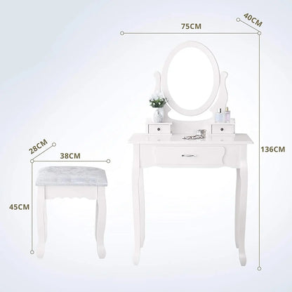 Make-uptafel – Make-up Desk – Kaptafel – Sieradentafel – Witte MDF – Verstelbare Spiegel – 3 Ruime Lades - 75 x 40 x 136 cm - Wit