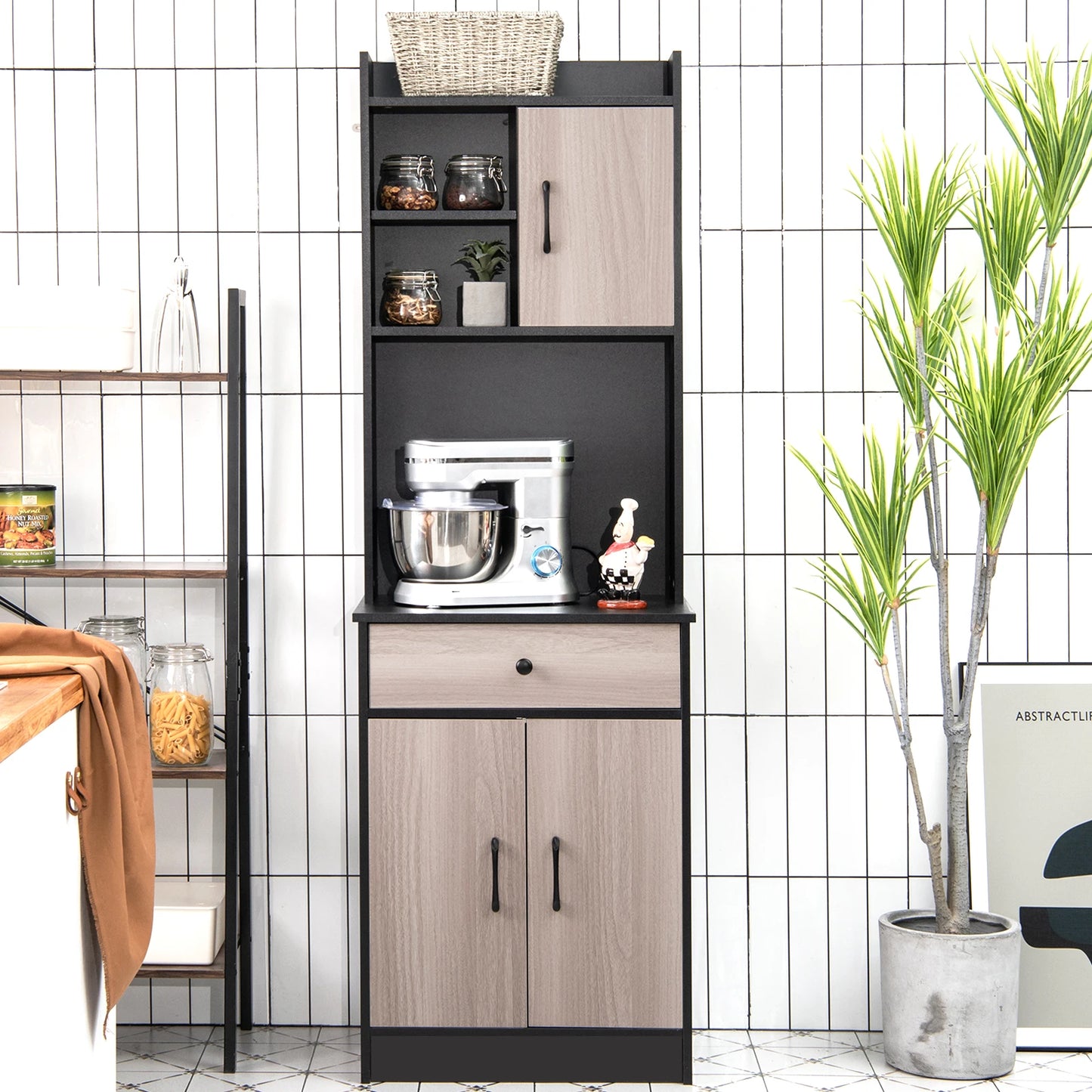 Keukenkast - buffetkast met lade - verstelbare planken en kabelgat -  hoge kast keukenhout - grote open ruimte voor magnetron - vrijstaand - 60 x 40 x 180cm
