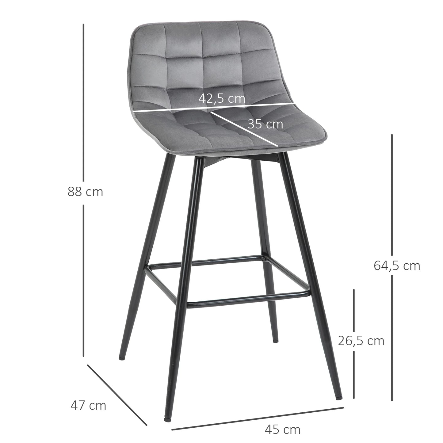 Barstoel – Barkruk – Barstoel Met Rugleuning – Verstelbare Barkruk – Hoge Barkruk – Velvet Bekleding – Metalen Frame – Zithoogte 64,5 cm - Grijs