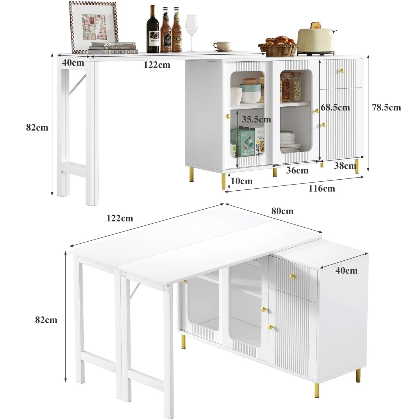 White Buffet Sideboard With Foldable And Pull-Out Table Top, Rotatable Surface, Glass Sliding Doors For Dining Room And Kitchen