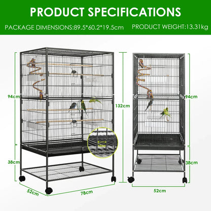 Vogelkooi – Vogelkooi Op Wieltjes – Vogelkkooi Klein – Parkietenkooi – Metalen Kooi – 52x78x132 Cm – 4 Houten Zitstokken