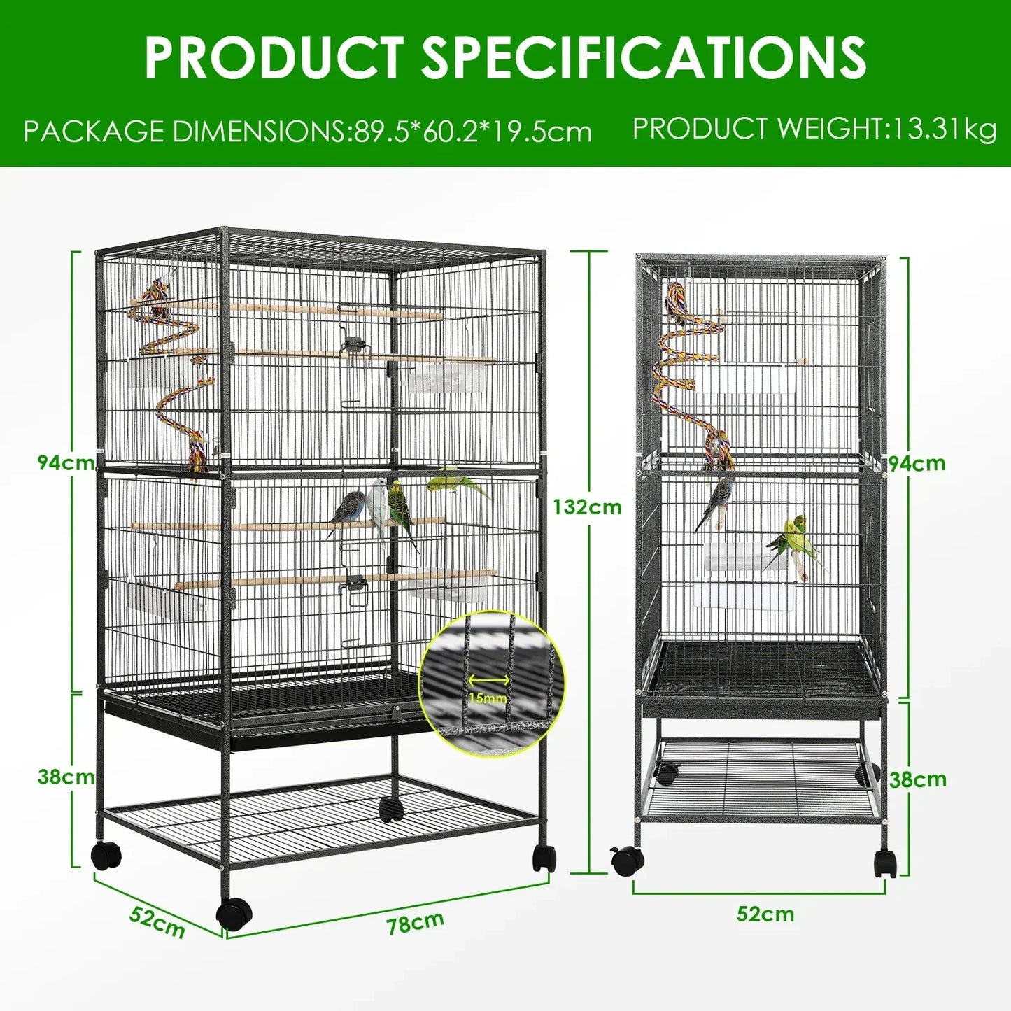 Vogelkooi – Vogelkooi Op Wieltjes – Vogelkkooi Klein – Parkietenkooi – Metalen Kooi – 52x78x132 Cm – 4 Houten Zitstokken