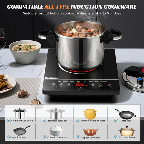 Inductie kookplaat - Induction Hob - Induction Cook Top - Inductie Fornuis - Elektrische Brander - Draagbare keramische Kookplaat - voor ALLE kookgerei - Enkele Elektrische Kookplaat - met 4-uurs Timer - 9 Vermogensniveaus - Tot 2000W - Zwart