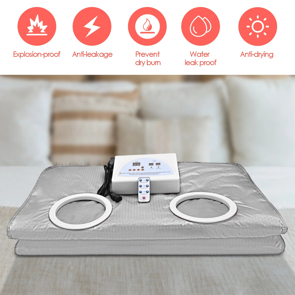 Sauna Deken - 650W - 220V - 60Hz - 2-Zone - Buitenkant Oxford-doek, binnenkant PVC - Stress - Pijnverlichting - Fibromyalgie - Reuma - Infraroodtherapie - Ontspanning - Zilver - QUORE