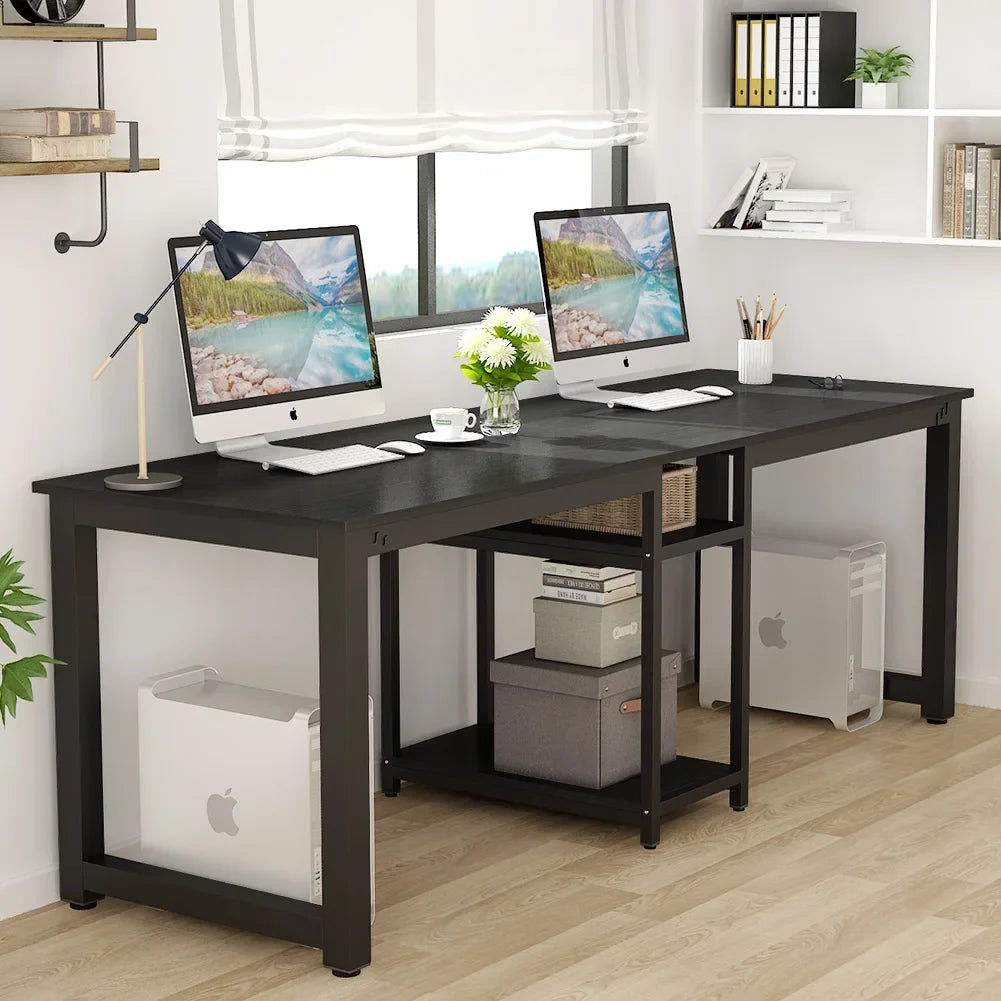 Bureau Voor Twee Personen – Dubbel Werkblad – Studiebureau – Thuiswerkplek – Extra Lang – Metalen Frame – Scratchbestendig Houten Oppervlak
