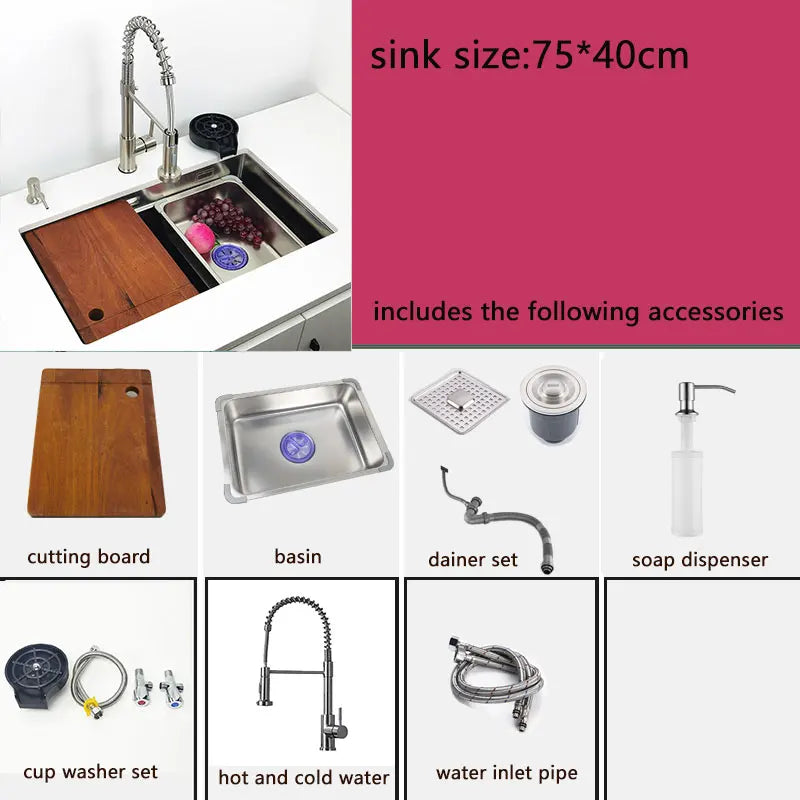 RVS Undermount Spoelbak – Inbouw Spoelbak – Keukenspoelbak – Enkele Bak – Binnenbouw Wastafel – 75x40 cm – 304 Roestvrij Staal – Waterfall Kraan