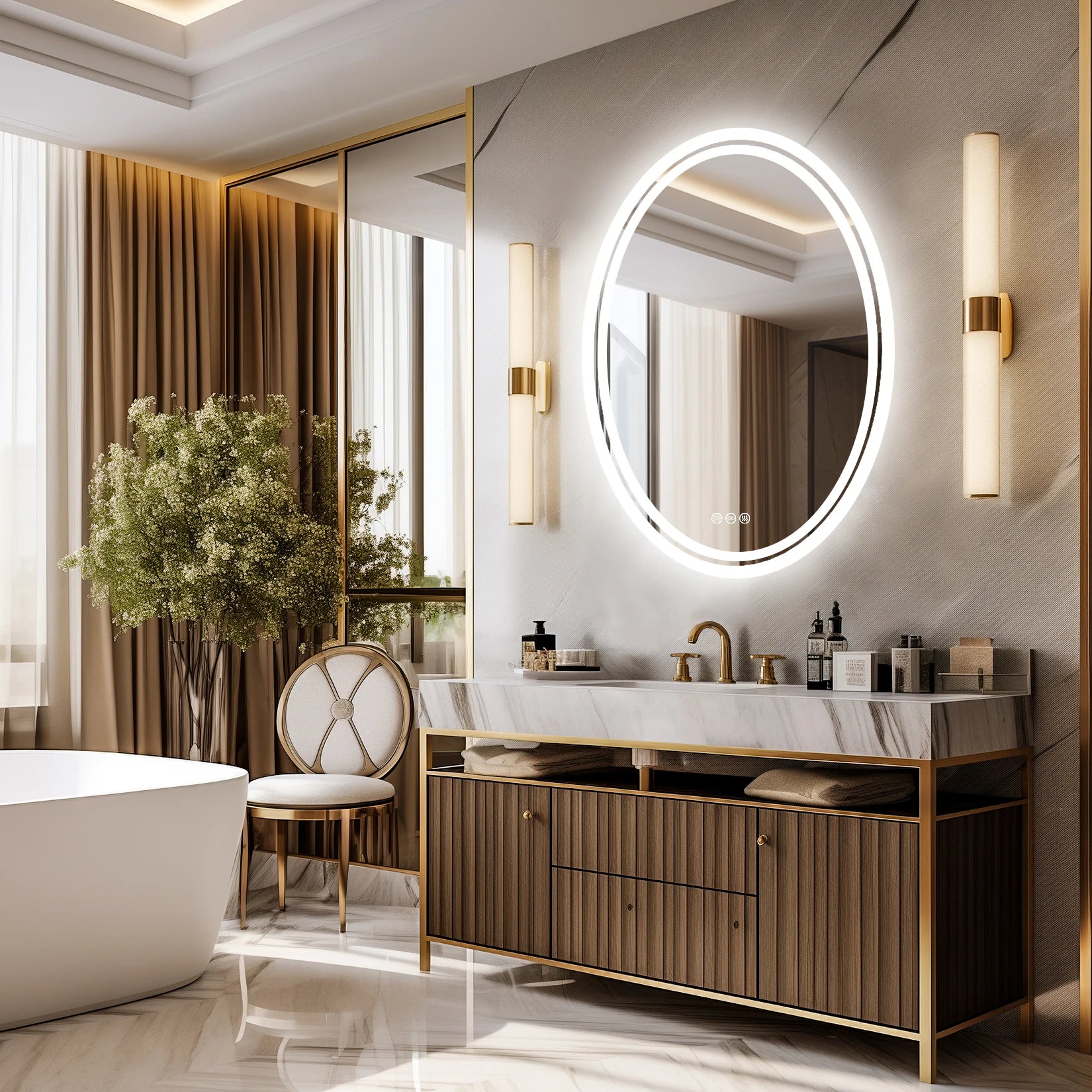 LED Badkamerspiegel - Smart Spiegel - Rond - Dimbaar - Verlichte Wandspiegel - Anti-condens - Modern Design - 20x28 inch - QUORE