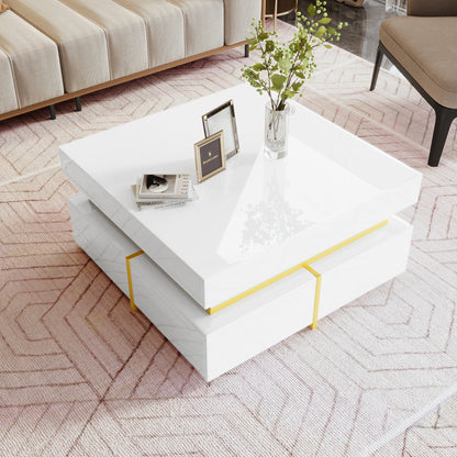 Salontafel – Koffietafel – Tafel – Woonkamertafel – Hoogglans Afwerking – Gouden Accenten – Twee Lades