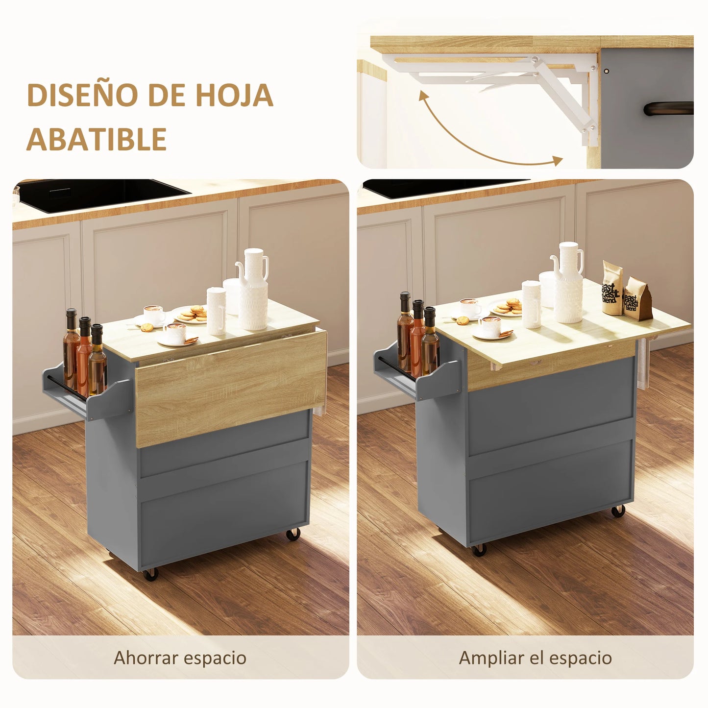 Homcom Kitchen Island with Wheels Folding Wing 106X42X87 cm - QUORE