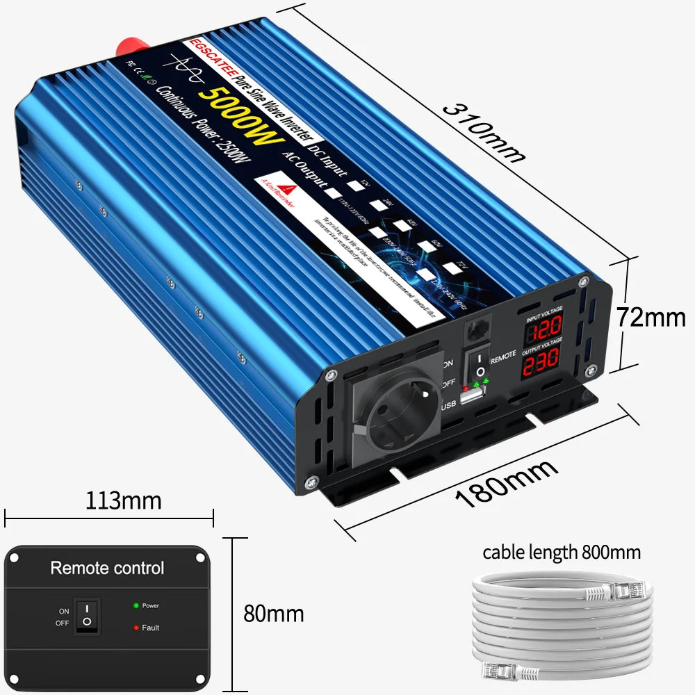 Omvormer – Inverter – Spanningsomvormer – Converter – Stroomomvormer – Zuivere Sinusgolf – 5000W Piekvermogen – Aluminium Behuizing