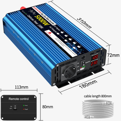 Omvormer – Inverter – Spanningsomvormer – Converter – Stroomomvormer – Zuivere Sinusgolf – 5000W Piekvermogen – Aluminium Behuizing