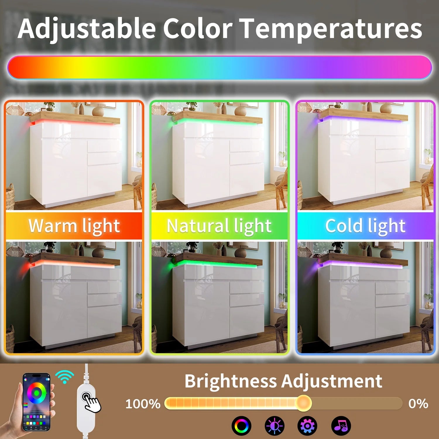 Ladekast – Ladenkast – Opbergkast – Kast – Kommode – Hoogglans – Verstelbare Legplanken – LED-Verlichting - QUORE