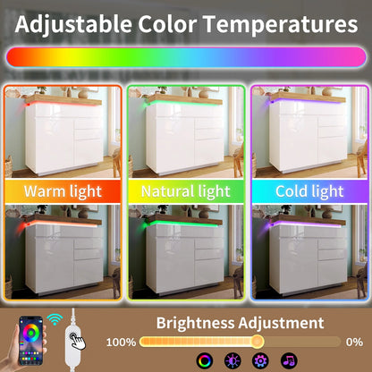Ladekast – Ladenkast – Opbergkast – Kast – Kommode – Hoogglans – Verstelbare Legplanken – LED-Verlichting - QUORE