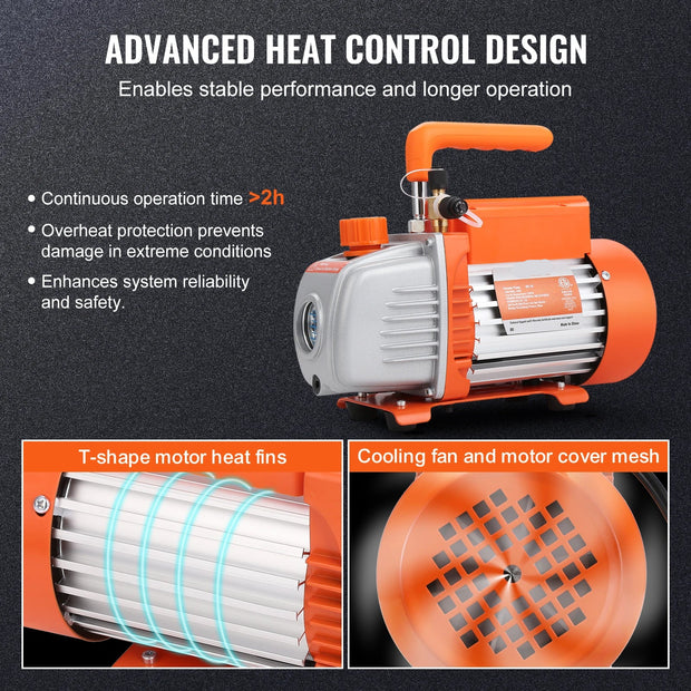 Vevor - Vacuum Pump - Refrigerant Vacuum Pump - Refrigeration Tools - HVAC Cooling - Dry Pump - 5CFM - 250W - 2-Stage - with Gauge - Orange