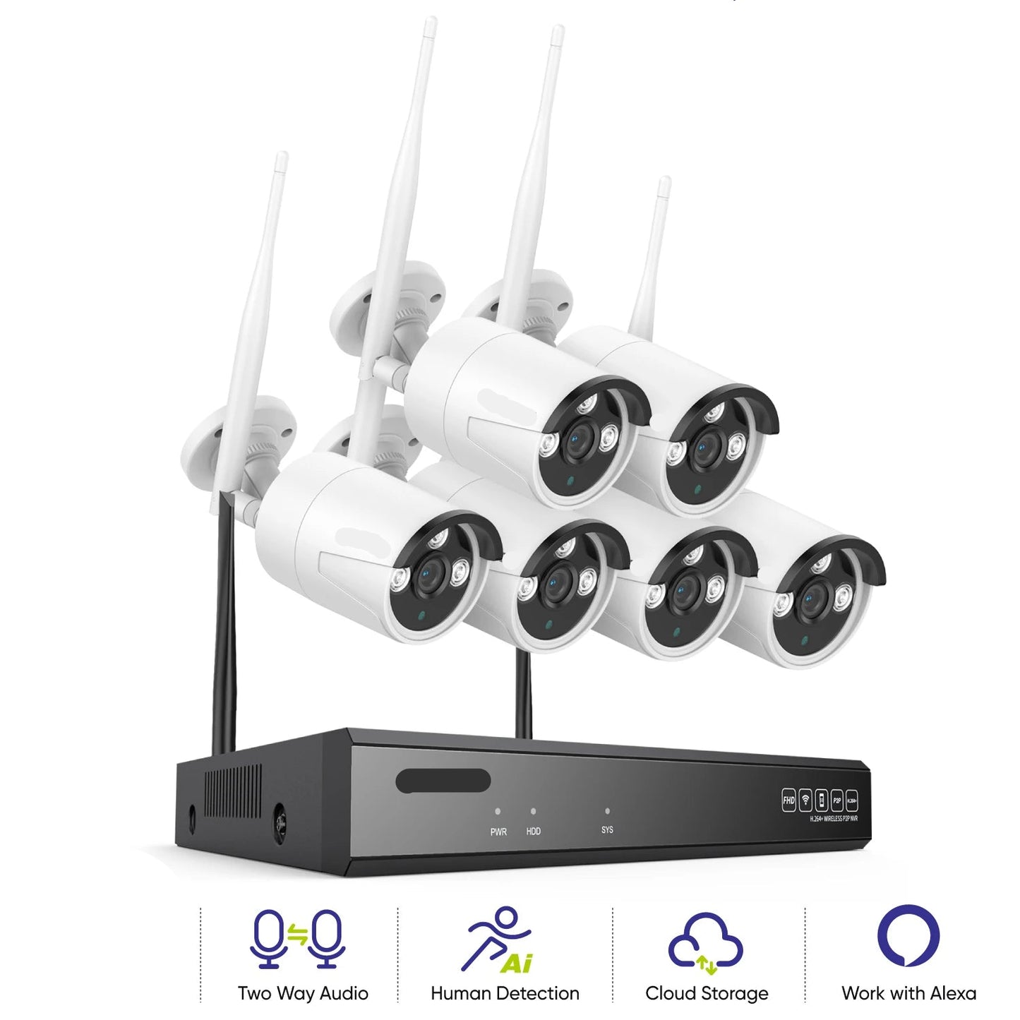 Complete Draadloze Beveiligingsset – 6 Camera’s – Wifi Camera – IP Camera – Bewakingscamera – NVR Recorder – 5MP Haarscherpe Resolutie – Twee-weg Audio