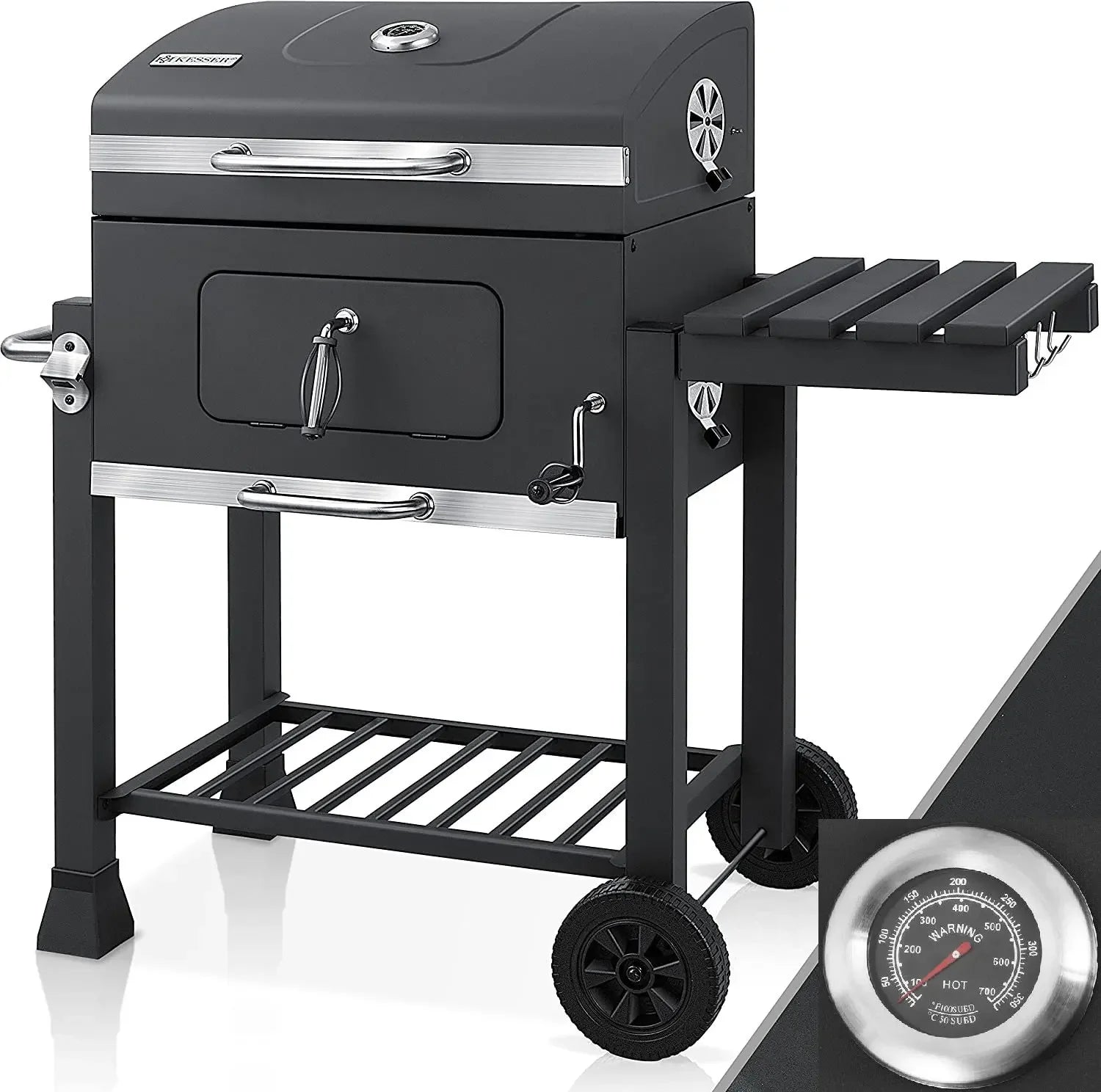Houtskool Barbecue - Grote Barbecue - met Wielen - 5-10 Personen - Ruim Grilloppervlak - Verstelbare Houtskooltray - en thermometer - Tuin en Camping BBQ - Gemakkelijk Schoon te Maken - QUORE